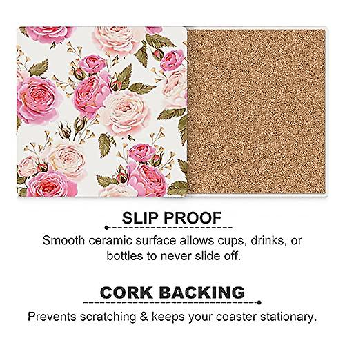 Colourlife English Roses Seamless Printed Square Ceramic Coaster For Drinks With Cork Base For Coffee Cups Place Mats For Home Decor Set Of 6 Pieces