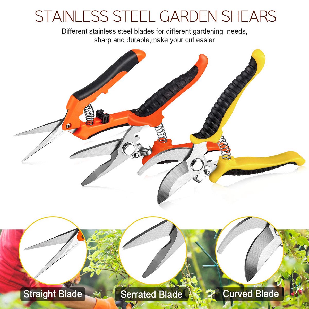 Campmoy 3 Pack Garden Pruning Shears Stainless Steel Blades Handheld Pruners Set with Gardening Gloves