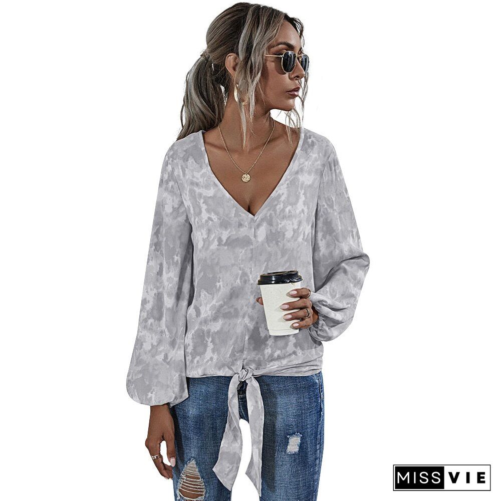 Sale Womens Loose Top Long Sleeve Vintage Tee Top With Lantern Sleeves Lace Up Ladies Tops Bandage Tshirt Tie Dye Summer Tee D30