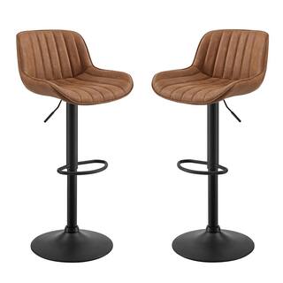 Art Leon Modern 33.10 in. Height Cognac Faux Leather Swivel Adjustable Height Low Back Bar Stools with Metal Frame (Set of 2) BS006-1