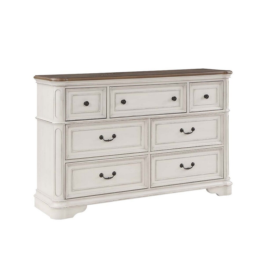 Rigel 64 Inch Transitional Wood Dresser  7 Drawers  Antique White  Brown