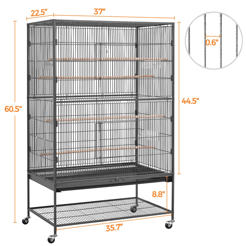 SMILE MART 60.5″H Extra-Large Wrought Iron Parrot Cage with Stand for Small/Medium-Sized Birds， Black