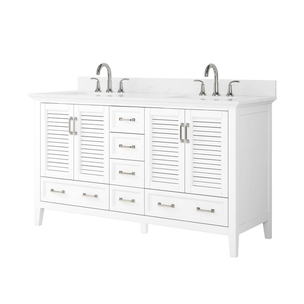 Home Decorators Collection Dennick 60 in. W x 22 in. D x 34.5 in. H Double Vanity in White with Engineered Carrara Marble Top and White Sinks TJ-0213V6022WH