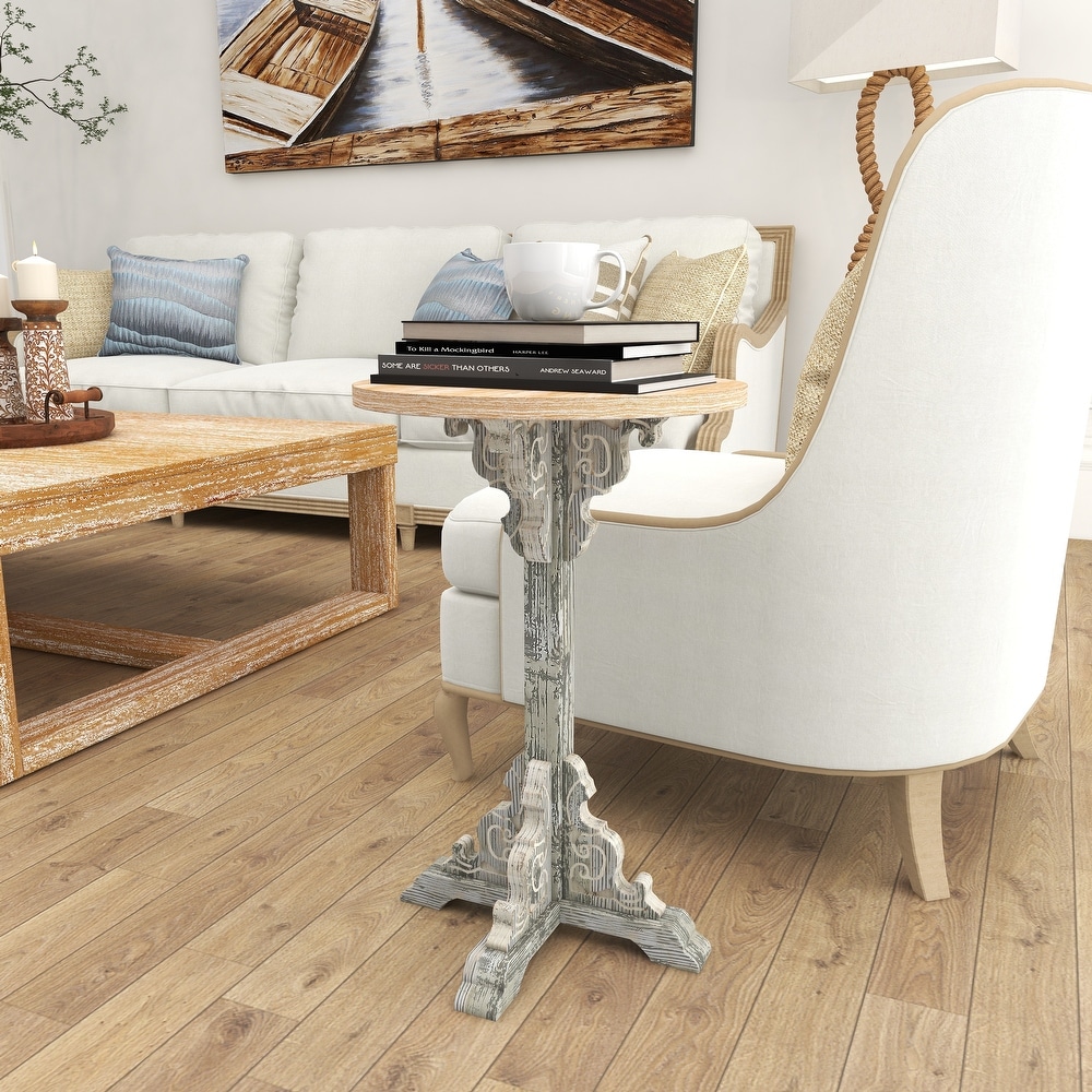 Wood Intricately Carved Scroll Accent Table with Brown Wood Top