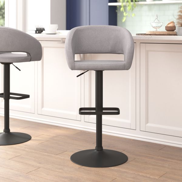 Erik Contemporary Gray Fabric Adjustable Height Barstool with Rounded Mid-Back and Black Base