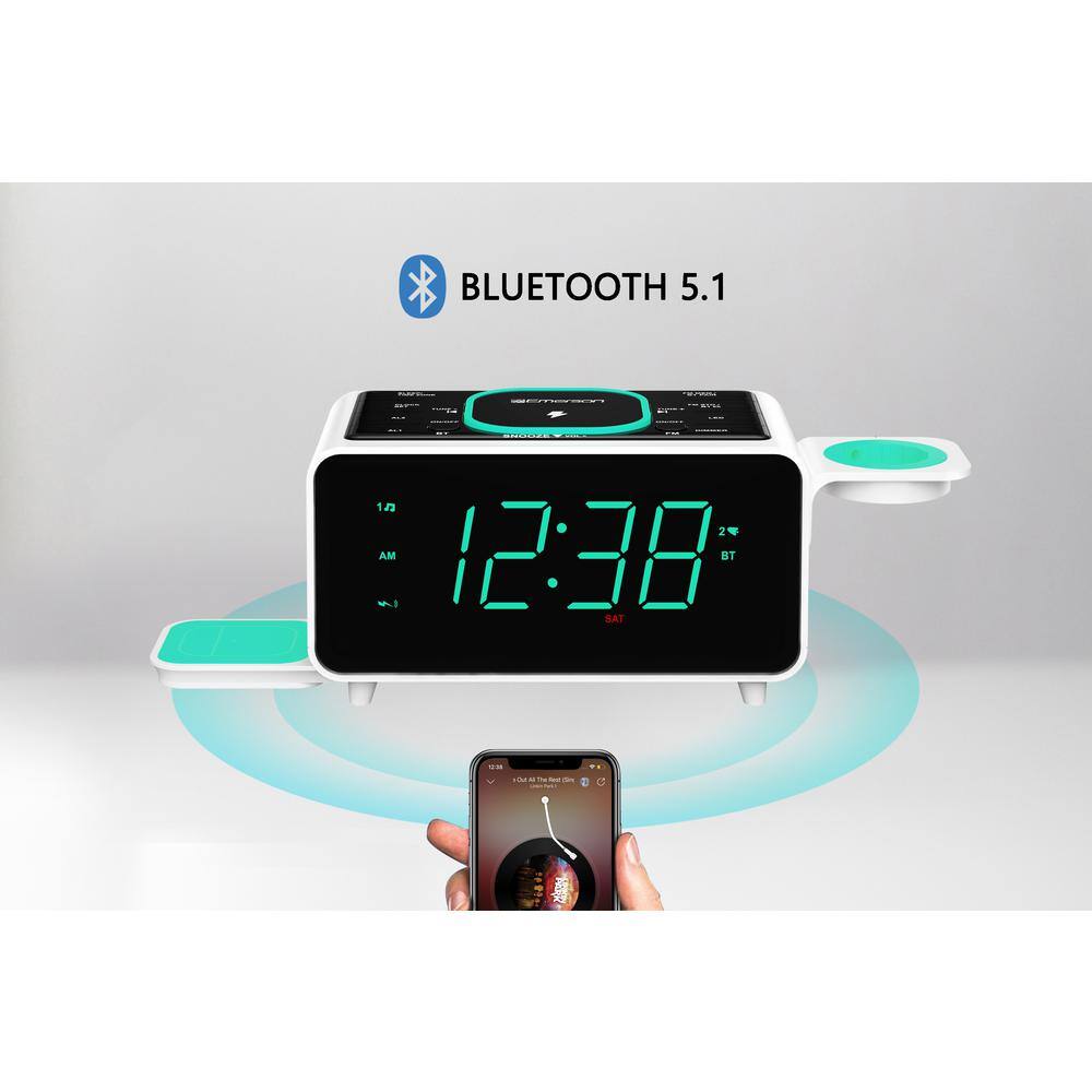 Emerson SmartSet Multiple Wireless Charging Dual Alarm Clock Radio Bluetooth Speaker USB Charger 1.4