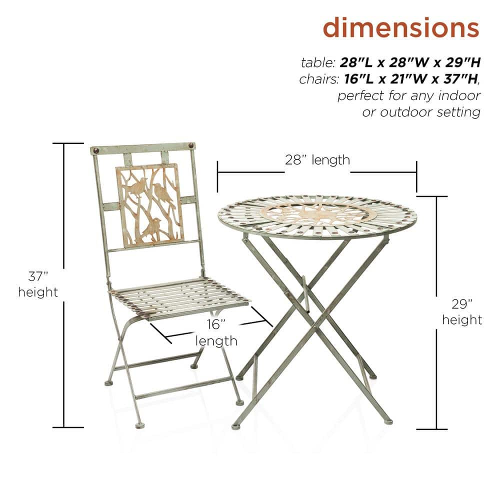 Alpine Corporation Indoor/Outdoor Bird Design 3-Piece Iron Bistro Set Folding Table and Chairs Patio Seating MOD102A