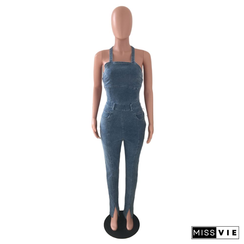 New Casual Fashion Slim Backless Bandage Denim Jumpsuit