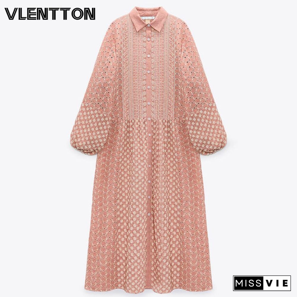 Summer Women Chic Embroidery Midi Party Dress Casual Solid Long Sleeve Elegant A-Line Beach Shirt Dresses Ladies Vestidos