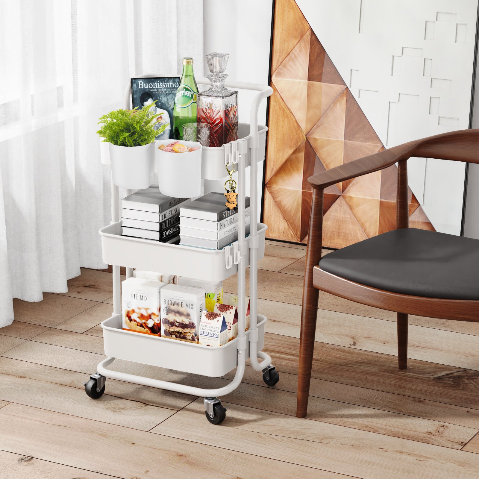 3-Tier Utility Rolling Cart，Mobile Utility Cart with Lockable Caster Wheels，Storage Shelves Organizer Cart， 4 Hanging Baskets， Easy Assembly，for Bathroom， Kitchen， Office， Workshop，White