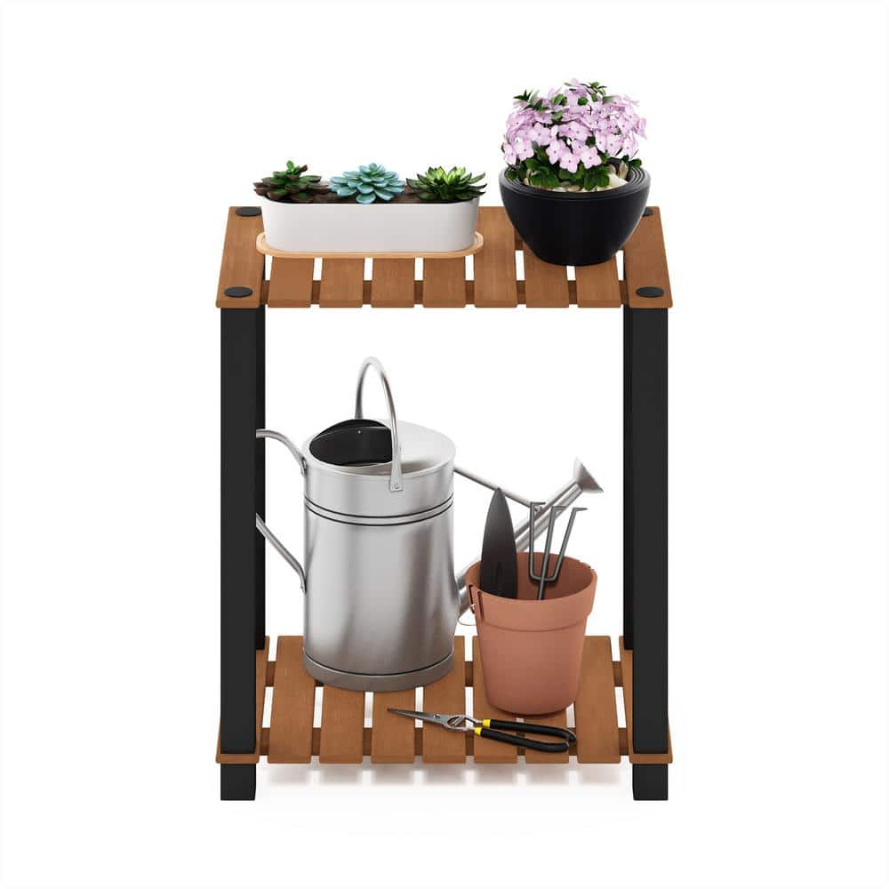 Furinno Pangkor 19.7 in. H x 17.7 in. W x 11.8 in. D Outdoor Natural Wood Plant Stand Potted Plant Shelf 2-Tier 22362FGBK