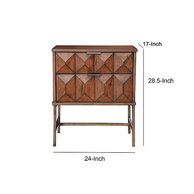 2 Drawer Nightstand with Honeycomb Design and Metal Legs， Brown