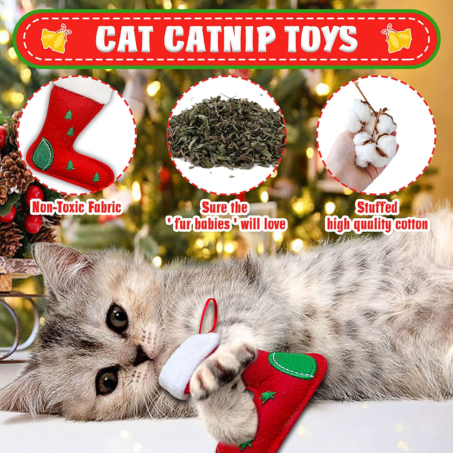 Lepawit Cat Christmas Stocking， 10 Pack Christmas Cat Toys， for Cats， Interactive Cat Feather Toy with Catnip， Cat Ball Toys， Crinkle Balls for Cat， Mice Toys for Indoor Cats and Kitten