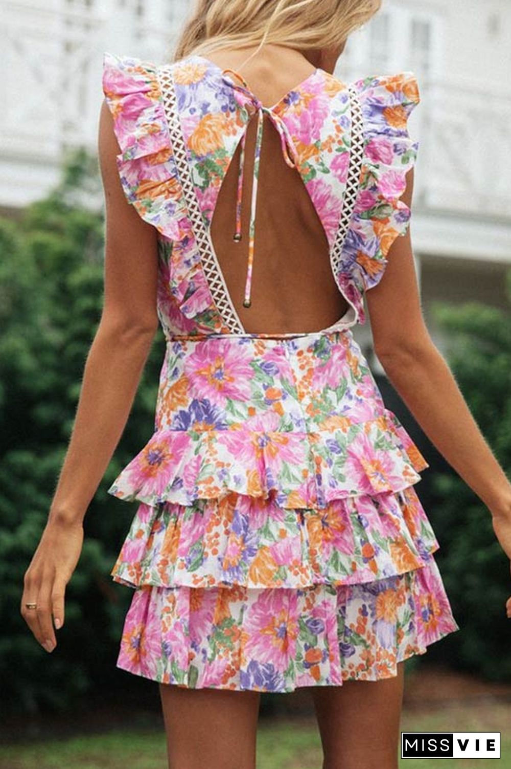 Sexy Floral Print Ruffle Backless Dress