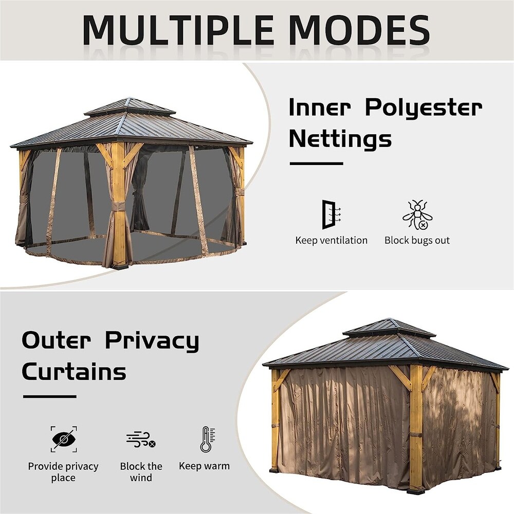 Outdoor Hardtop Gazebo  12ft x 12ft Cedar Wood Frame Pergola with Metal Double Roof Curtains Netting for Patio Brown