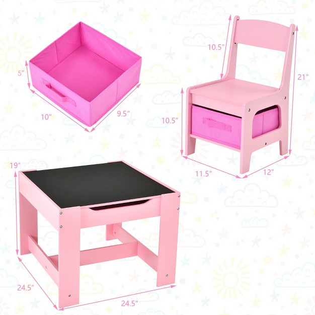 Costway 3 In 1 Kids Wood Table Chairs Set W Storage Box Blackboard Drawing Pink