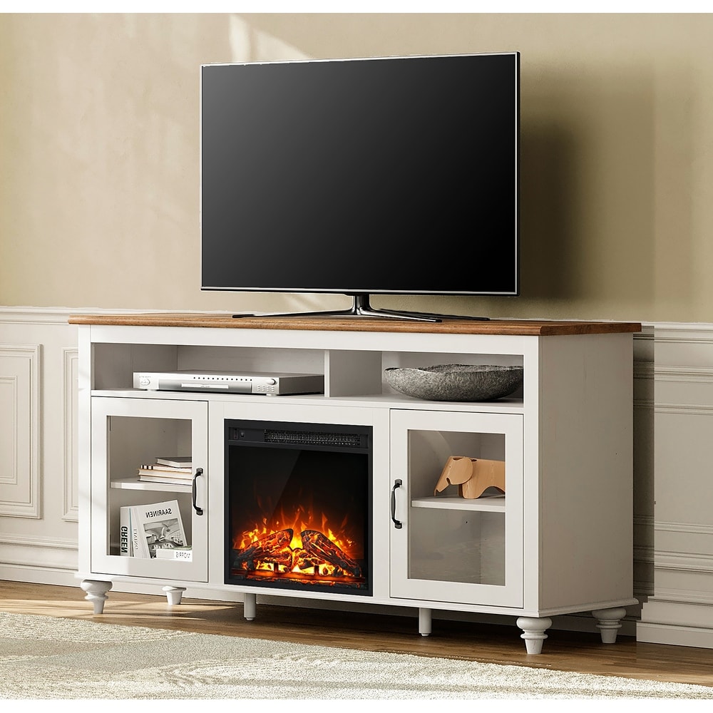 Fireplace TV Stand for Up to 75 Inch TV  Farmhose Entertainment Center with 18'' Electric Fireplace Sliding Barn Door