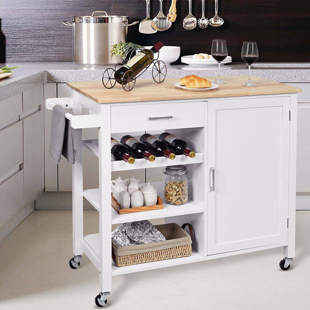 Costway 4-Tier White Wood Kitchen Island Trolley Cart Storage Cabinet with Wine Rack HW66112WH