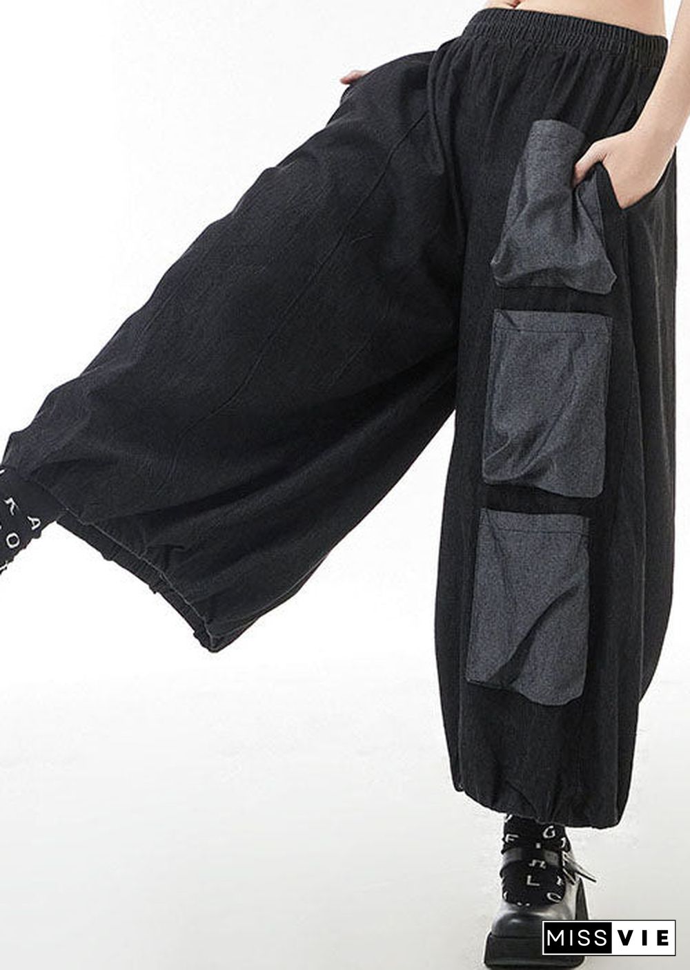 Black Loose harem Pants elastic waist Spring