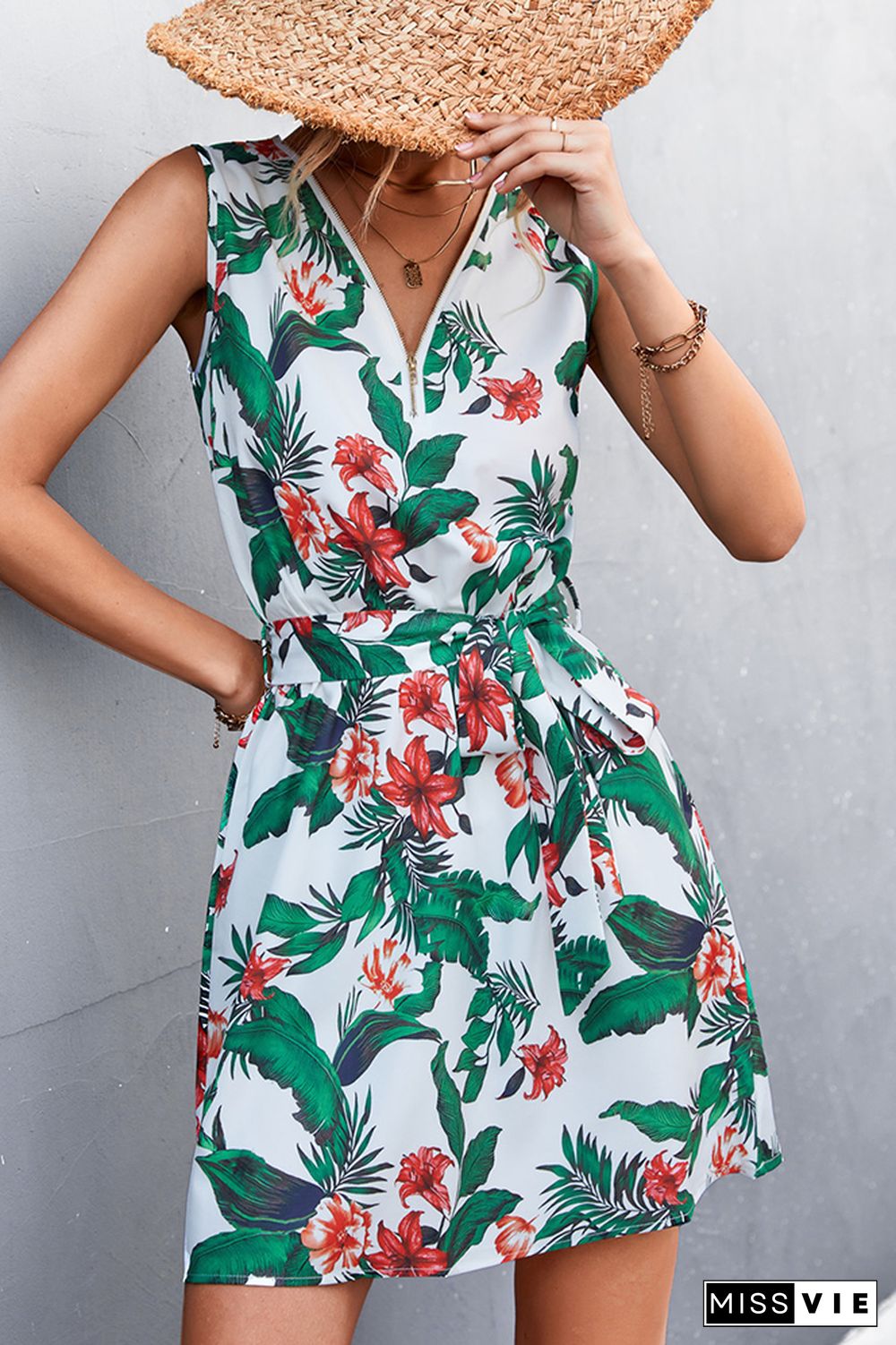 Sleeveless Zip Neck Floral Print Dress Wholesale