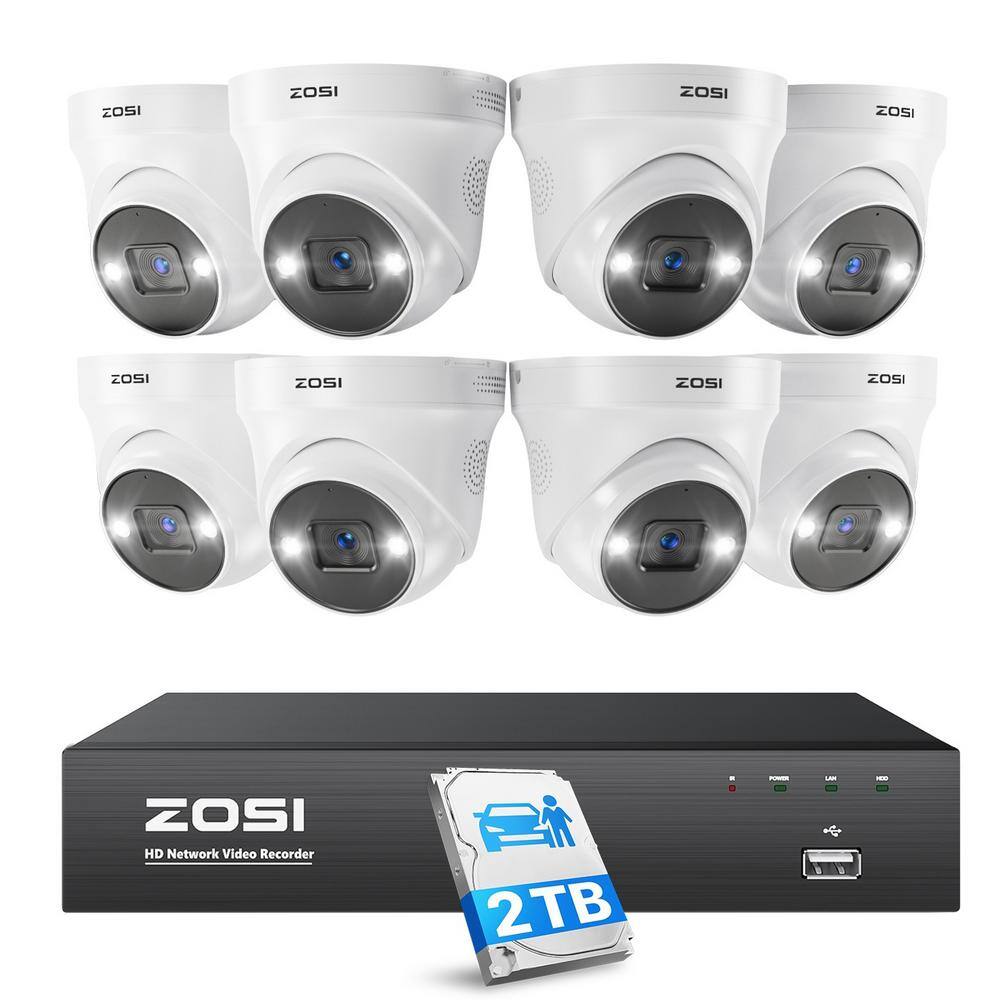 ZOSI 4K 8-Channel POE 2TB NVR Security Camera System with 8 Wired 5MP Outdoor Cameras Smart Human and Car Detection 8SN-2255AW8-20-US-A2