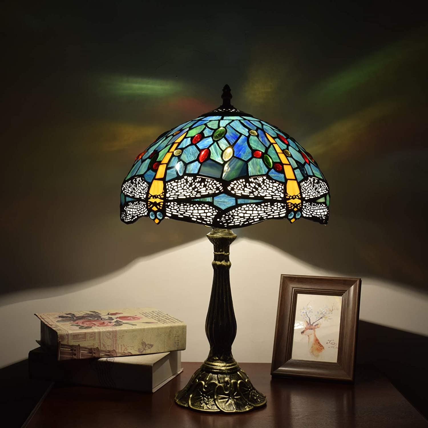 SHADY Tiffany Lamp Stained Glass Lamp Dragonfly Green Bedroom Table Lamp Reading Desk Light for Bedside Living Room Office Dormitory Dining Room Decorate  12x12x18 Include Light Bulb