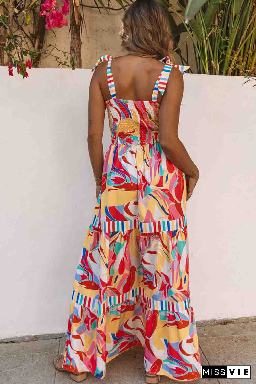 Multicolor Bohemian Abstract Print Tie Straps Maxi Dress