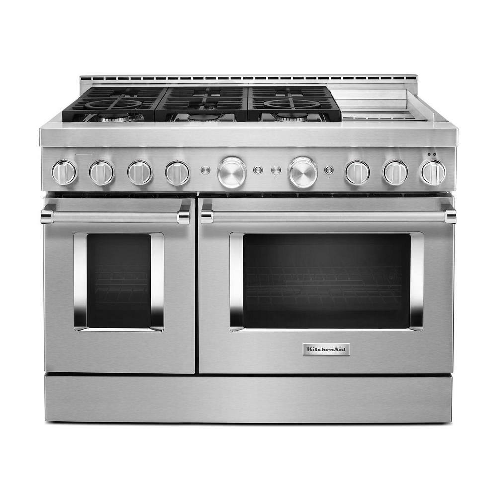 KitchenAid 48 in. 6.3 cu. ft. Smart Double Oven Commercial-Style Gas Range with Griddle and True Convection in Stainless Steel KFGC558JSS