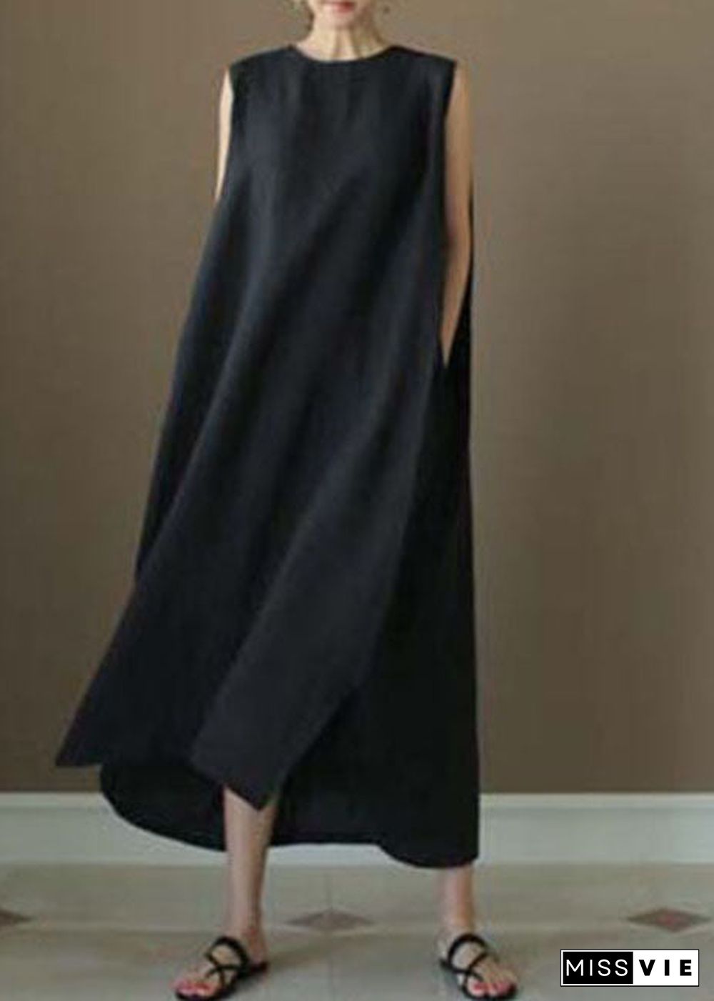 French Black O-Neck low high design Linen Party Dress Sleeveless