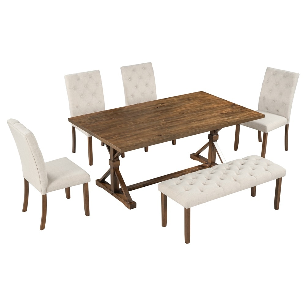 6 Piece Dining Table Set with Wood Table  4 Chairs and Bench