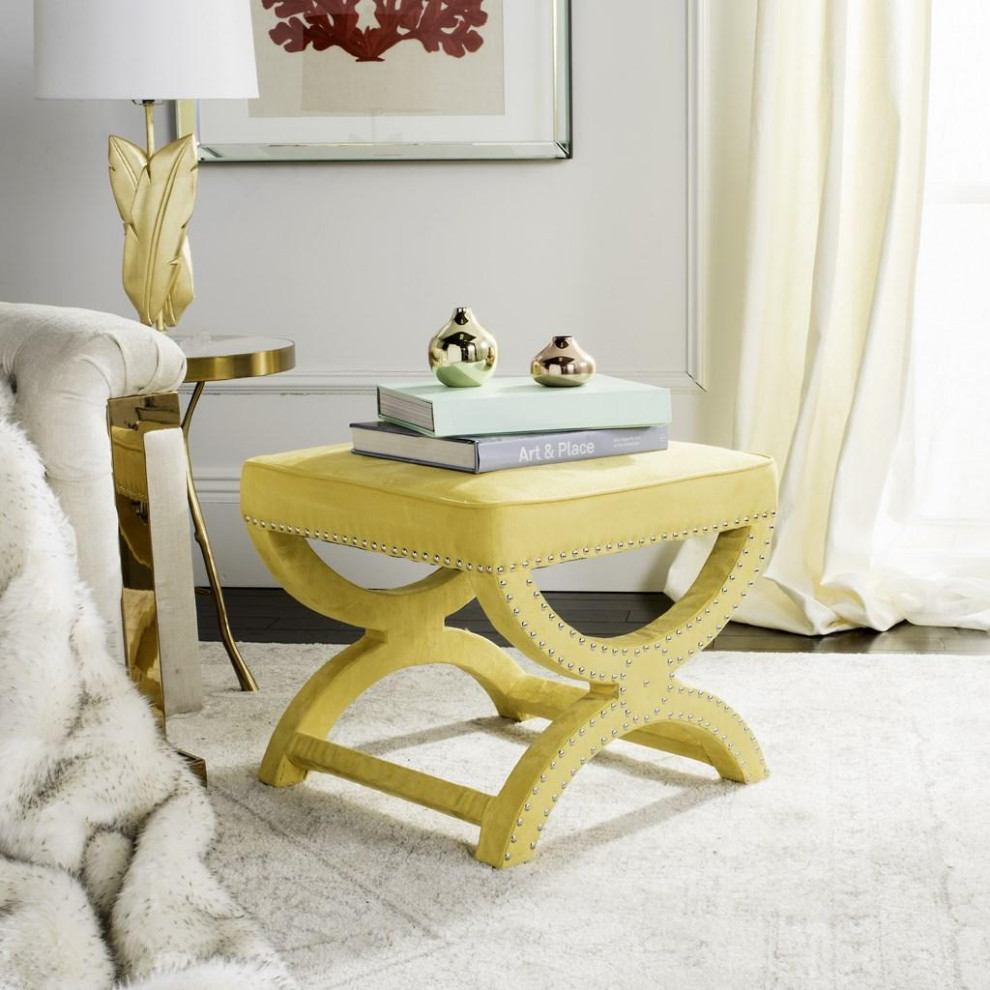 Della Ottoman Silver Nail Heads Yellow   Contemporary   Footstools And Ottomans   by AED Luxury Home Decor  Houzz