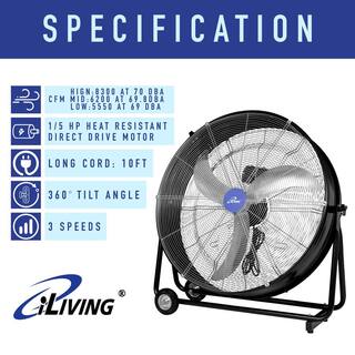 iLIVING 30 in. 3-Speed Portable High Velocity Drum Fan with 8300 CFM Industrial Commercial Air Circulator ILG8MF30-83