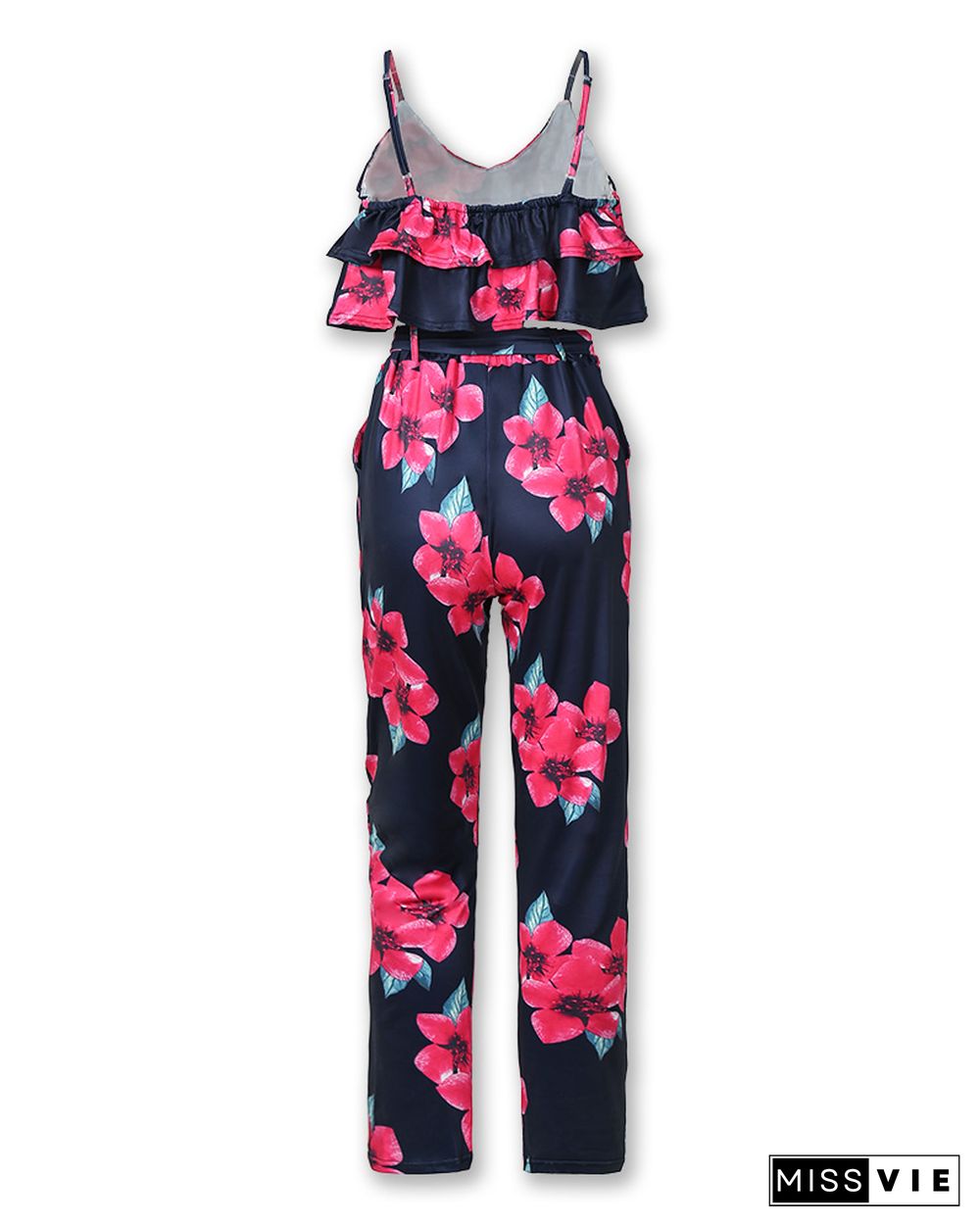 Floral Print Ruffles Spaghetti Strap Cropped Pants Set