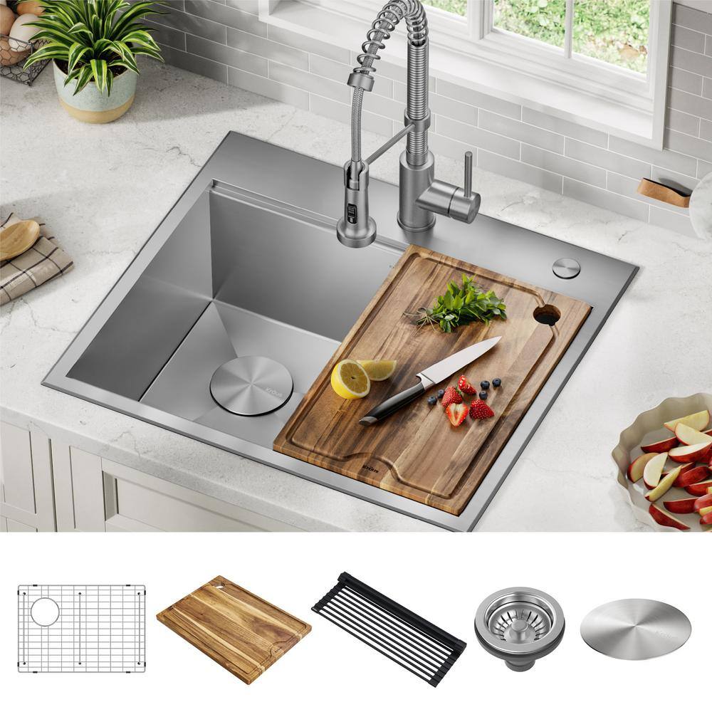 KRAUS Loften 25 in. Drop-inUndermount Single Bowl Stainless Steel Kitchen Workstation Sink with Accessories KWT321-2518