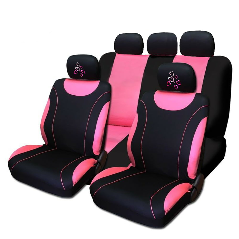 YupbizAuto New Car Seat Covers Set Black and Pink Polyester Multi Pink Hearts Full Set for Girl and Woman Universal Size