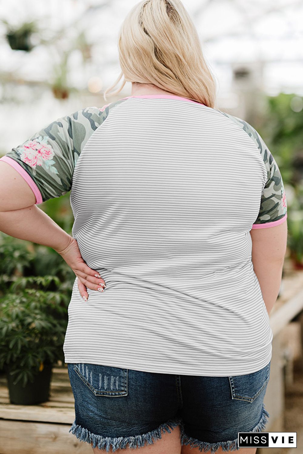 Gray Plus Size Camo Sleeve Striped Tee