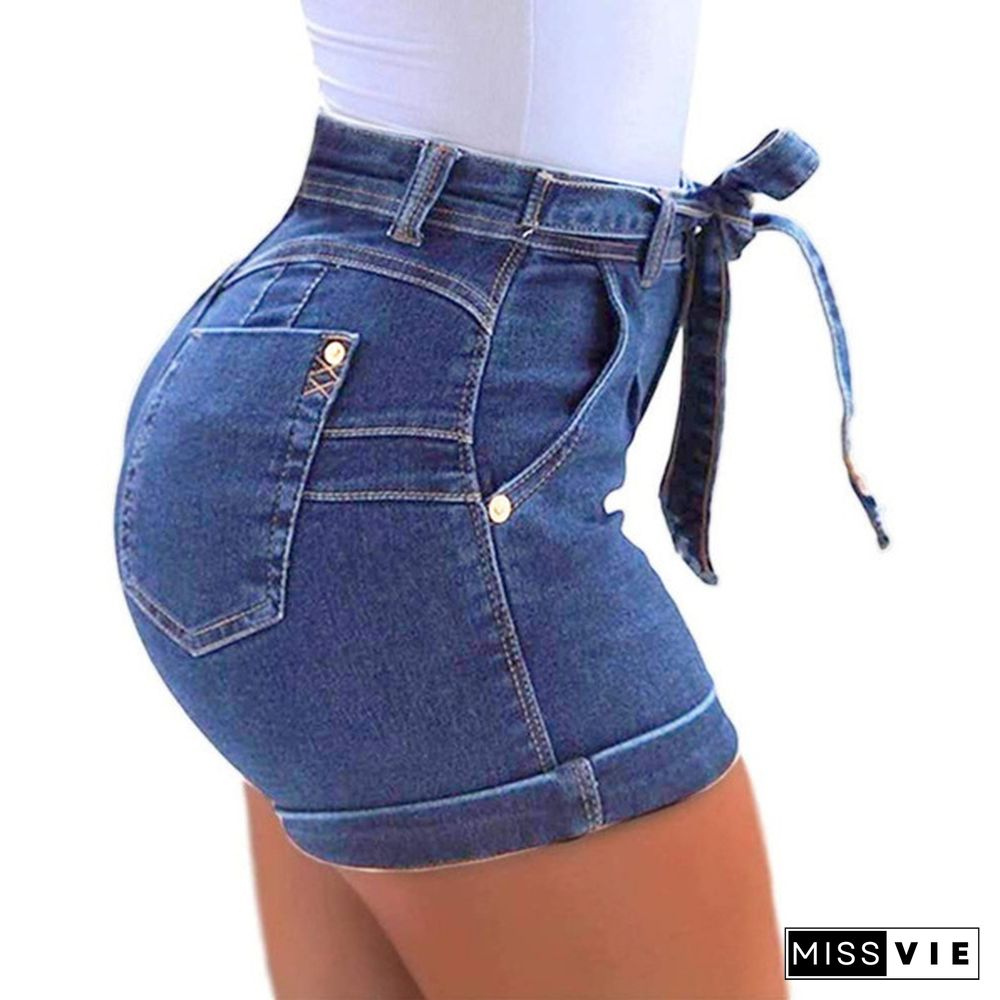 Women's mid-Waist Denim Belt Washed Denim Shorts Slim fit Casual Classic Shorts Jeans Summer Denim Shorts