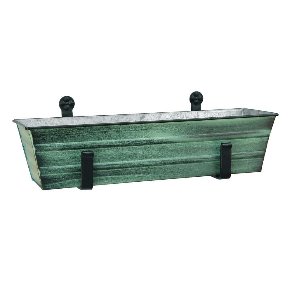 ACHLA DESIGNS 22 in. W Green Patina Small Galvanized Steel Flower Box Planter With Wall Brackets C08-WM