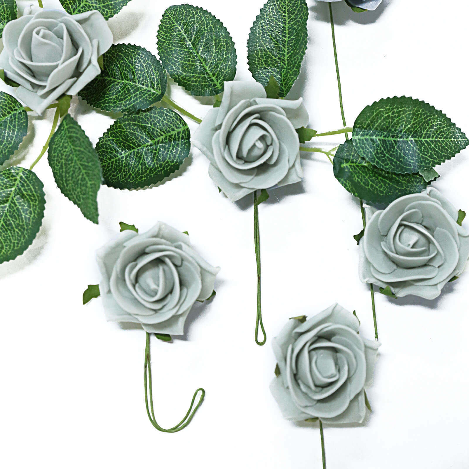 24 Roses Silver Artificial Foam Flowers With Stem Wire and Leaves 2