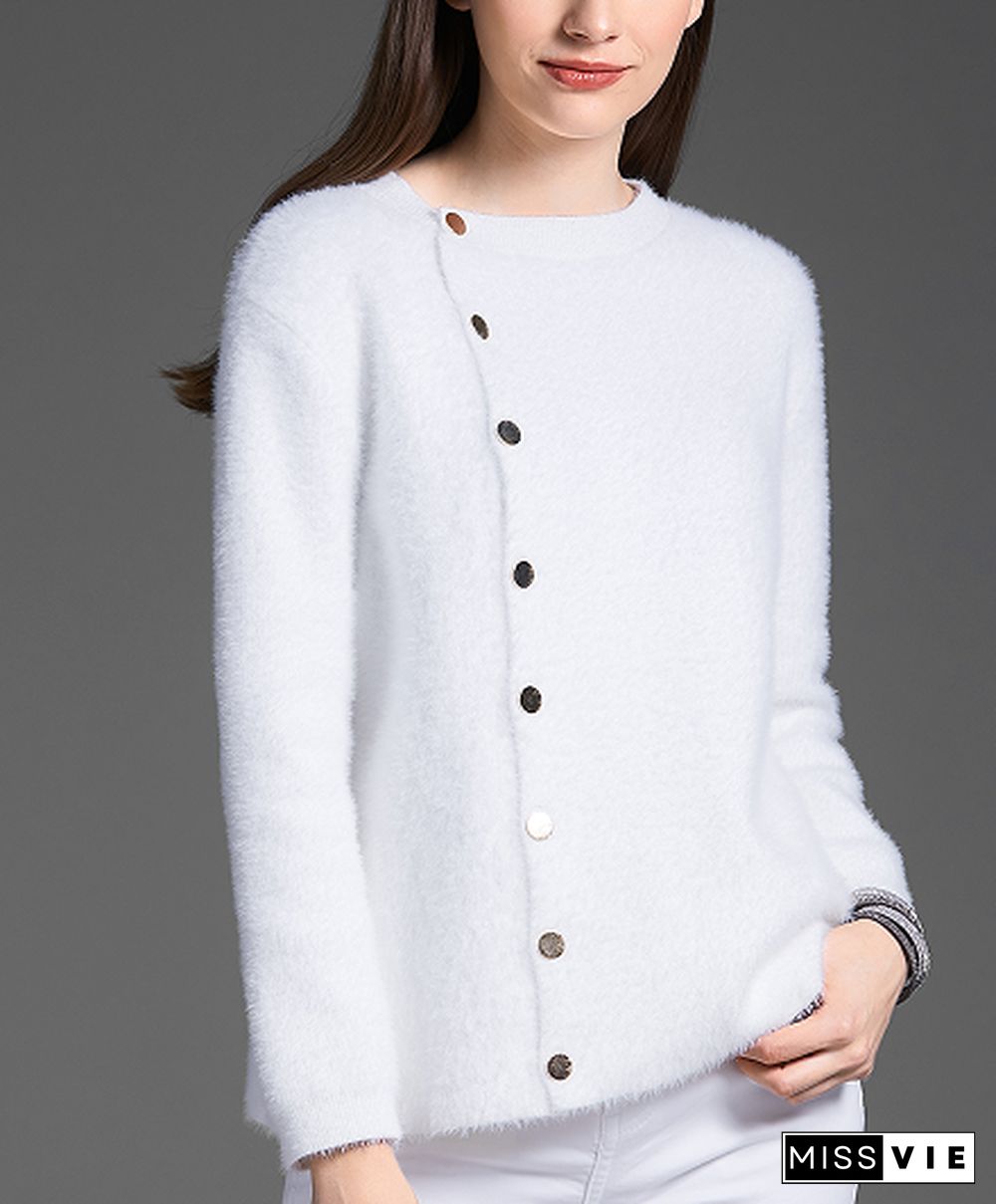 Women Casual Autumn Solid Buttoned Crew Neck Mid-weight Daily Loose Wool/Knitting Sweater coat