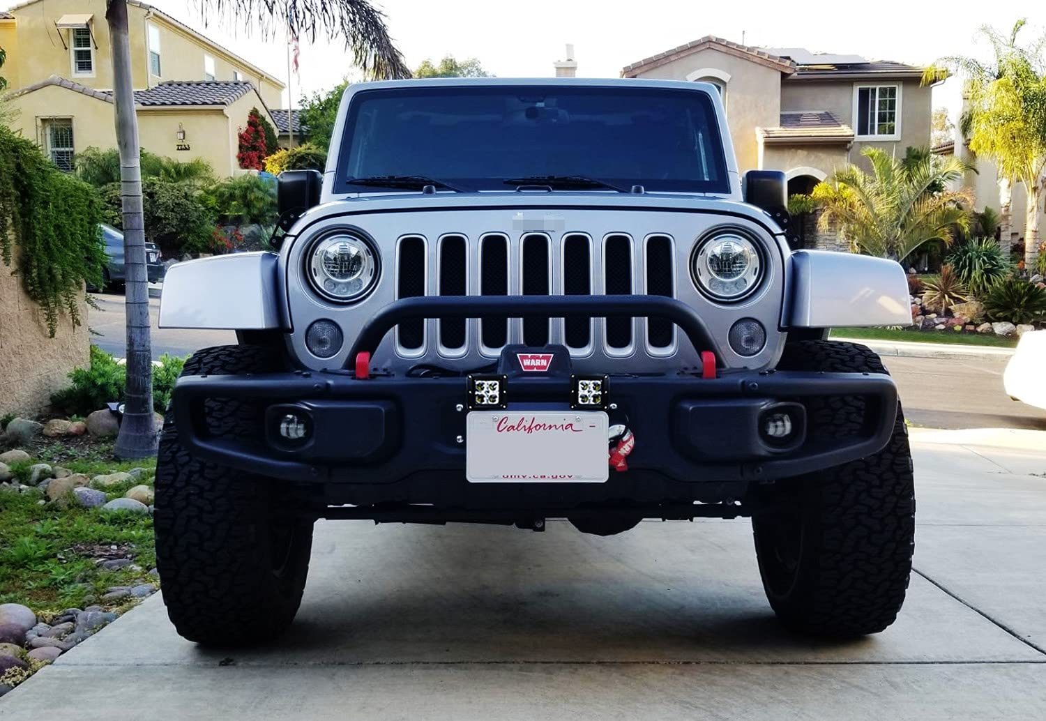 iJDMTOY Black Powder Coated Stainless Steel Hawse Fairlead License Plate Mount Bracket w/LED LIghtbar， Pod Light Mounting Slots， Compatible with Jeep Wrangler， ATV， UTV， Trucks， etc