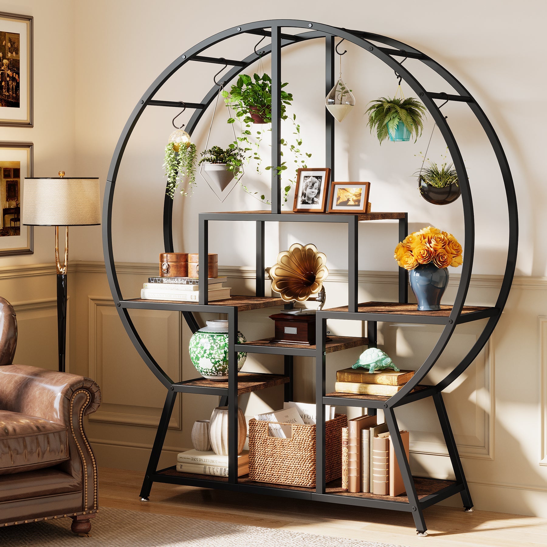 65 Bookshelf, Round Etagere Bookcase with 7-Tier Storage Shelving