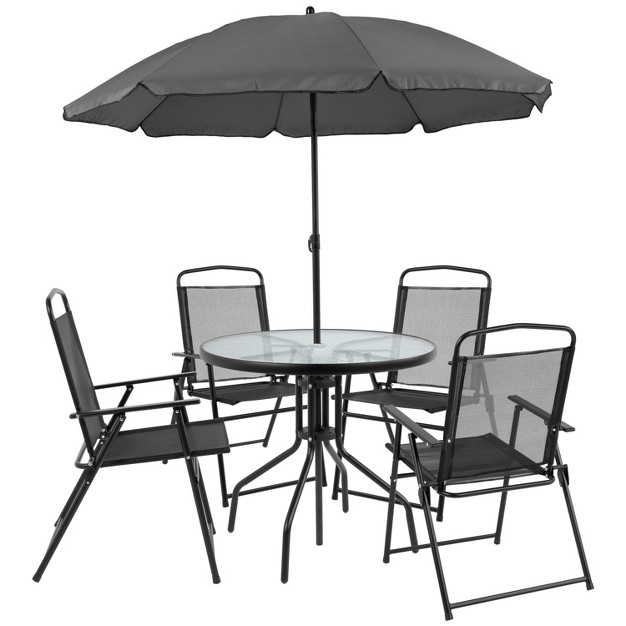 Emma And Oliver 6 Piece Patio Garden Set With Table Umbrella And 4 Folding Chairs