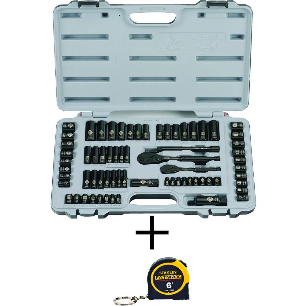 Stanley 14 in.  38 in. Drive Black Chrome Laser Etched SAE Mechanics Tool Set (69-Piece) and FATMAX 6 ft. Tape Measure 92824W33706