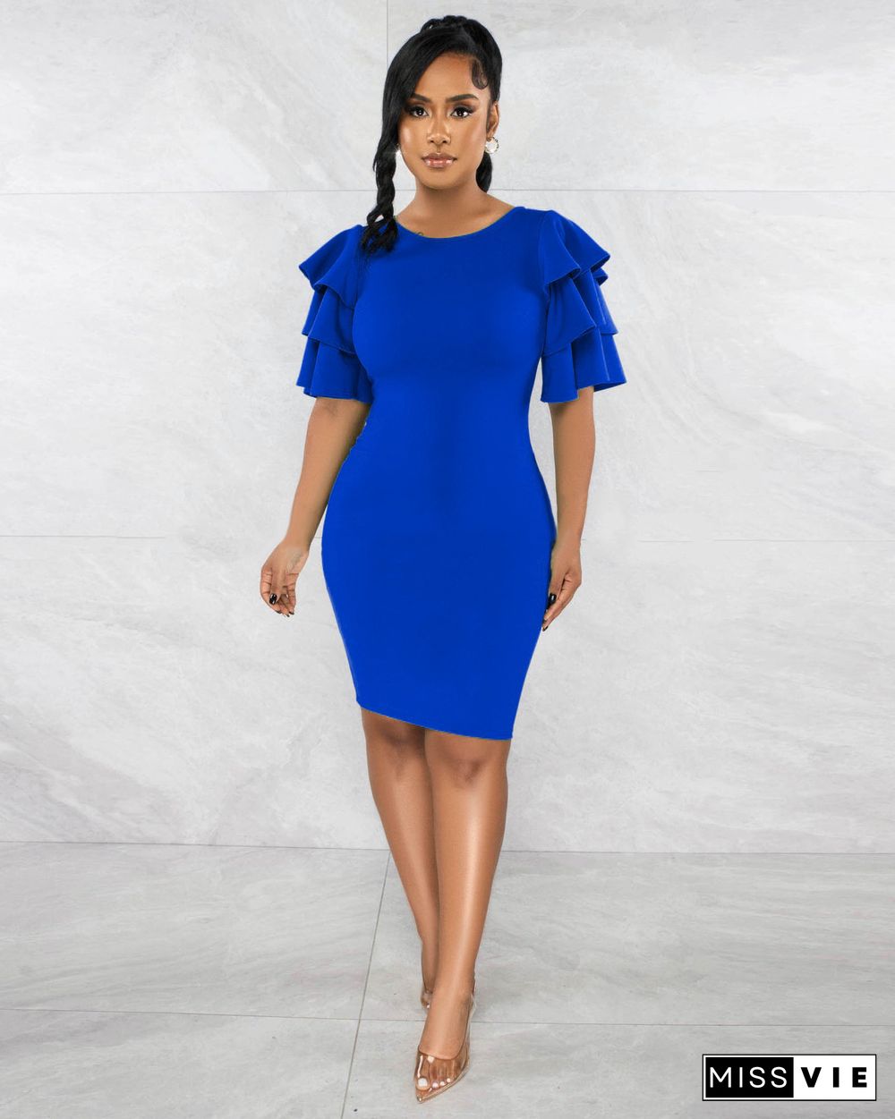 Solid Color Ruffle Short Sleeve Bodycon Dress