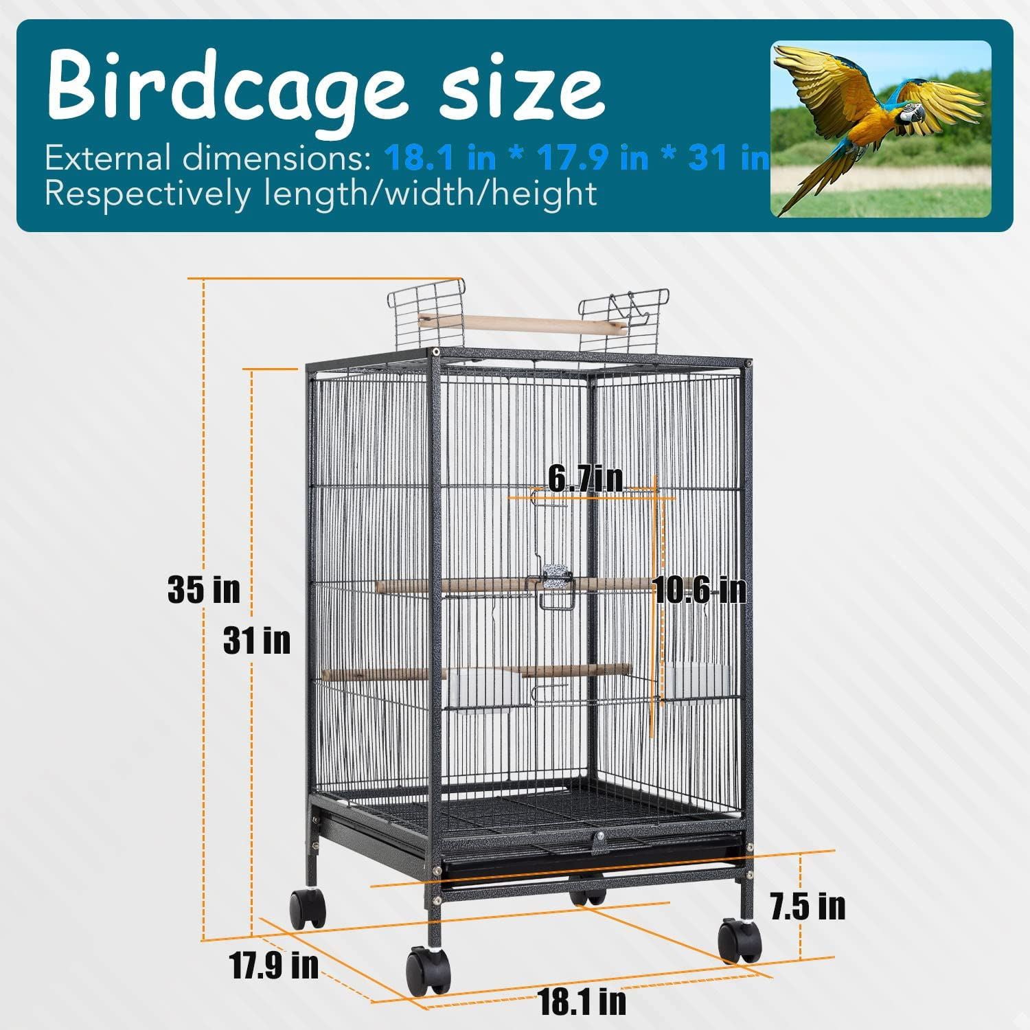 YRLLENSDAN Large Bird Cage for Parakeets， Heavy Duty 35 inch Height Bird Cages with Stand for Cocktails Parakeet Parrot Cage Birdcage for Parrots Conure Lovebird Cockatiel