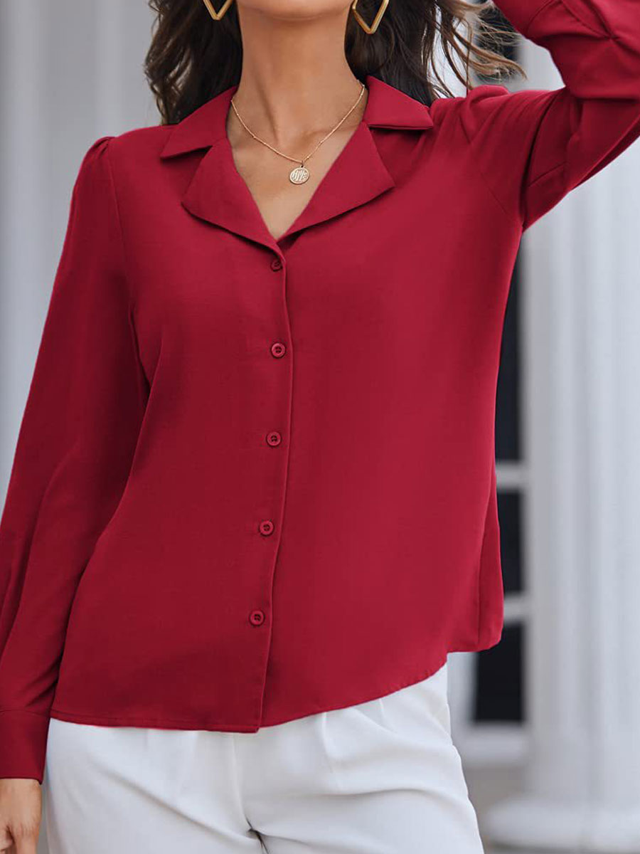 Casual Loose Solid Color Lapel Long Sleeve Blouse