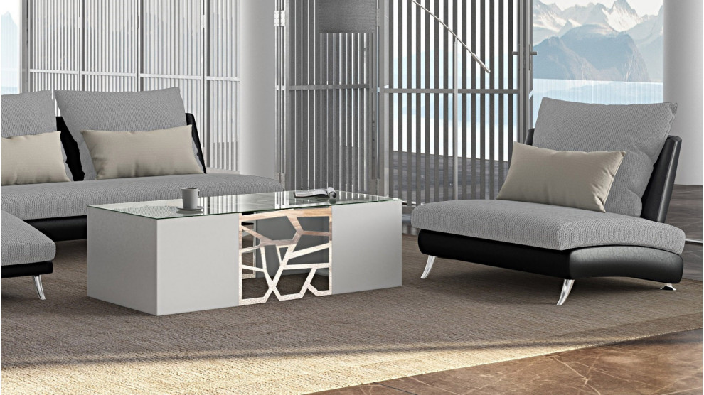 Liera Coffee Table Clear Tempered Glass Top White Lacquer Base Stainless Steel   Contemporary   Coffee Tables   by Zuri Furniture  Houzz