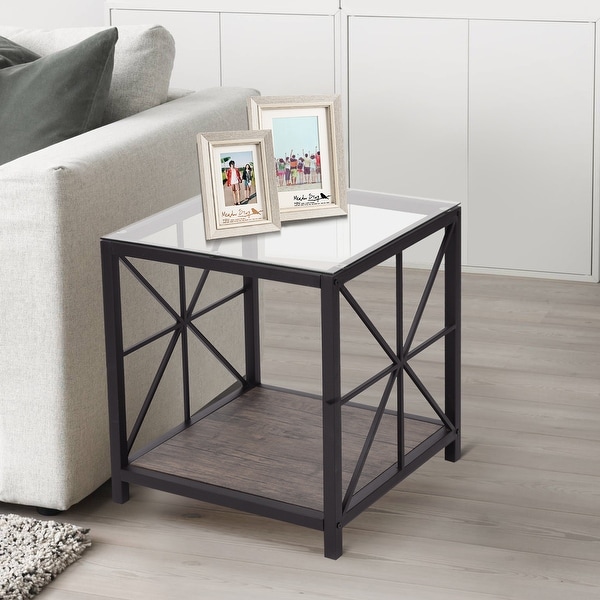 Homylin Industrial Square Side End Accent Table-Glass/Wood