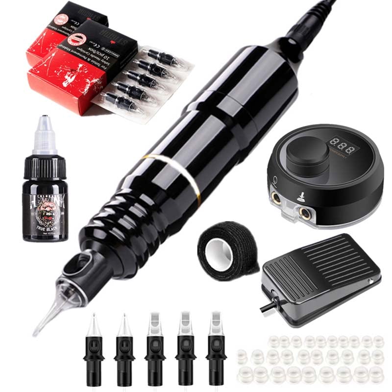 Bluerockt Back Street Lover Series Hybrid Rotary Tattoo Kit Tattoo Gun Machine Gift Sets with 20Pcs Needles—Black